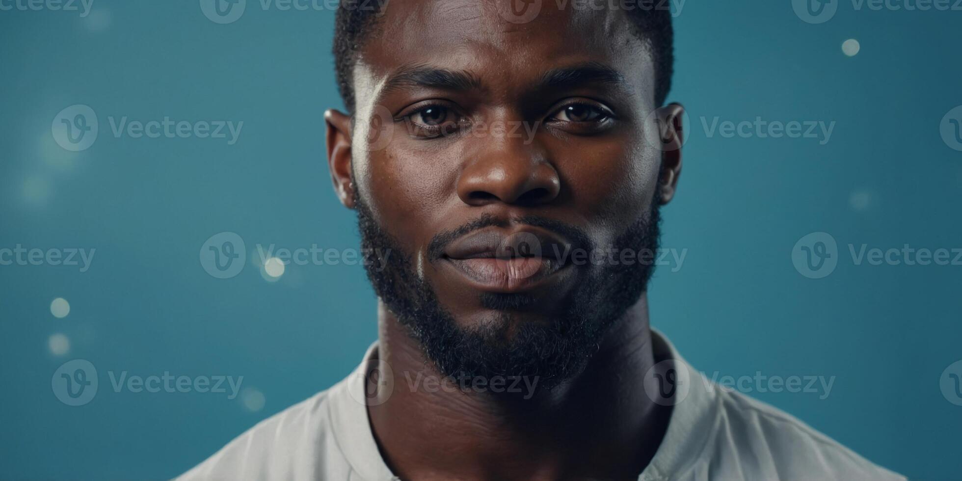 Handsome Nigerian Man s Face in Cosmetic Advertising Banner on Powder Blue Background. photo