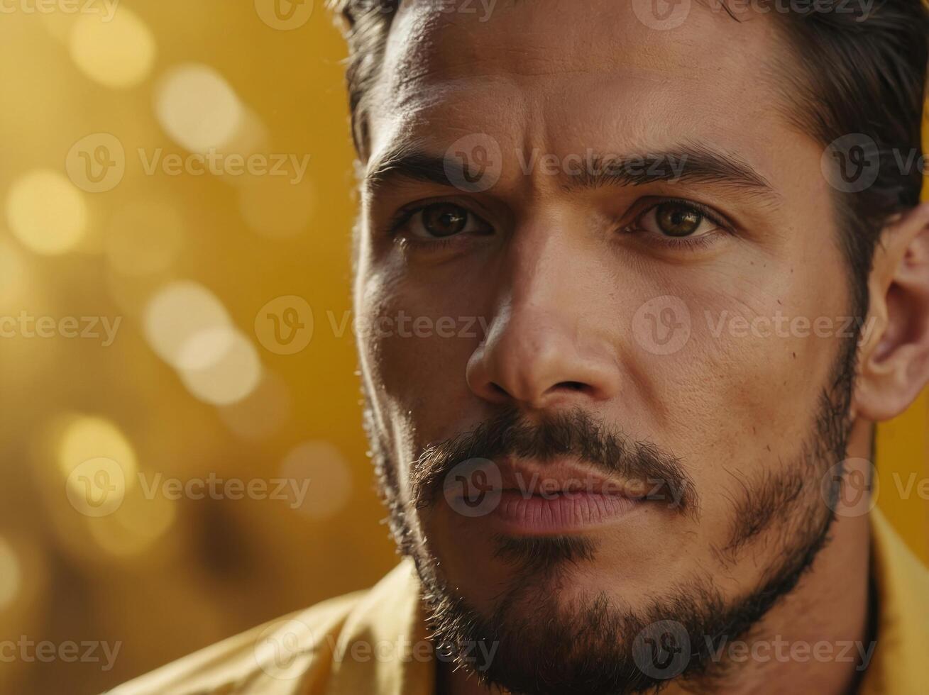 Handsome South American Model s Face in Cosmetic Advertising Banner on Yellow Background. photo