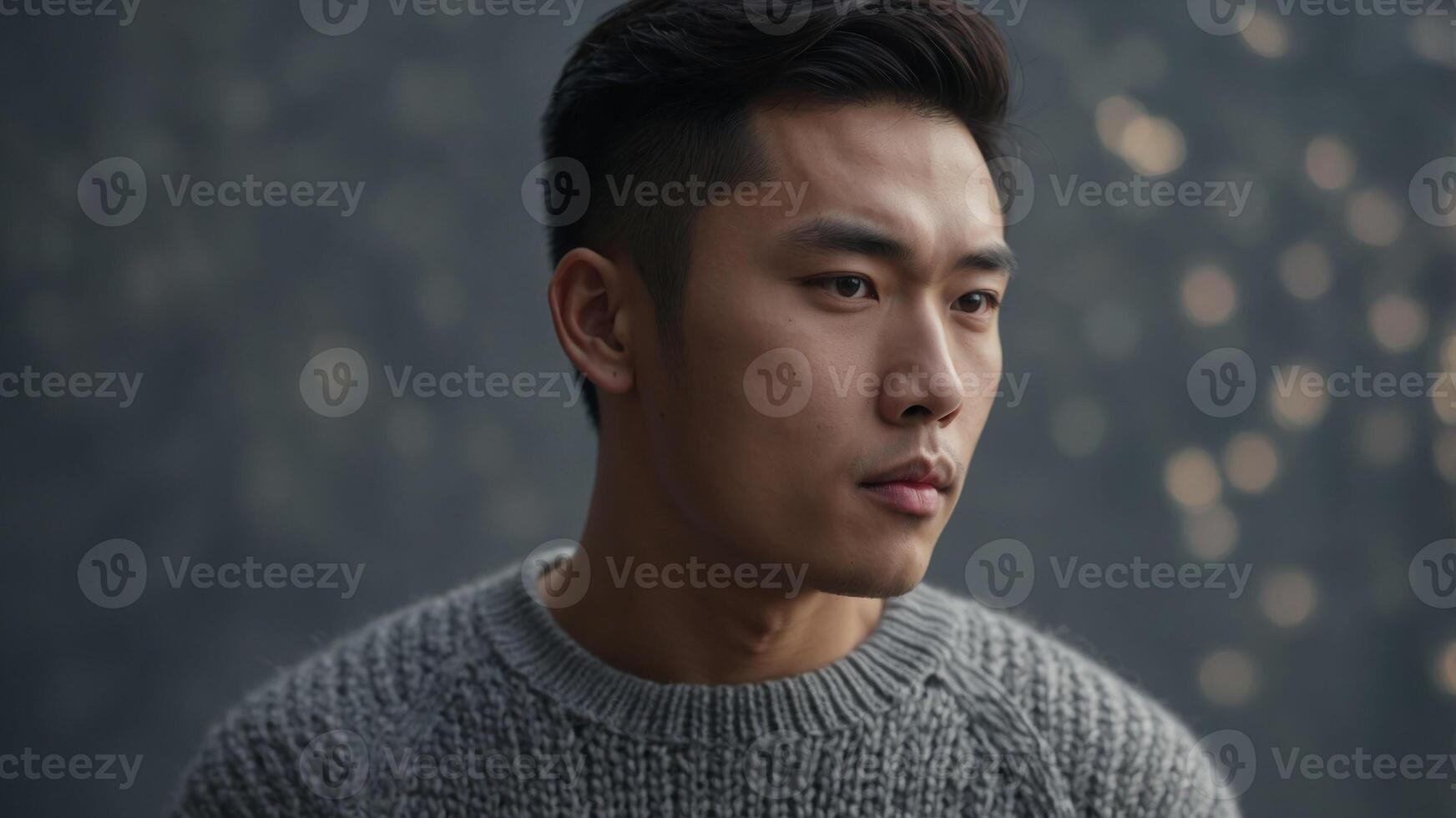 Handsome young Asian man in knitted sweater on grey background. photo