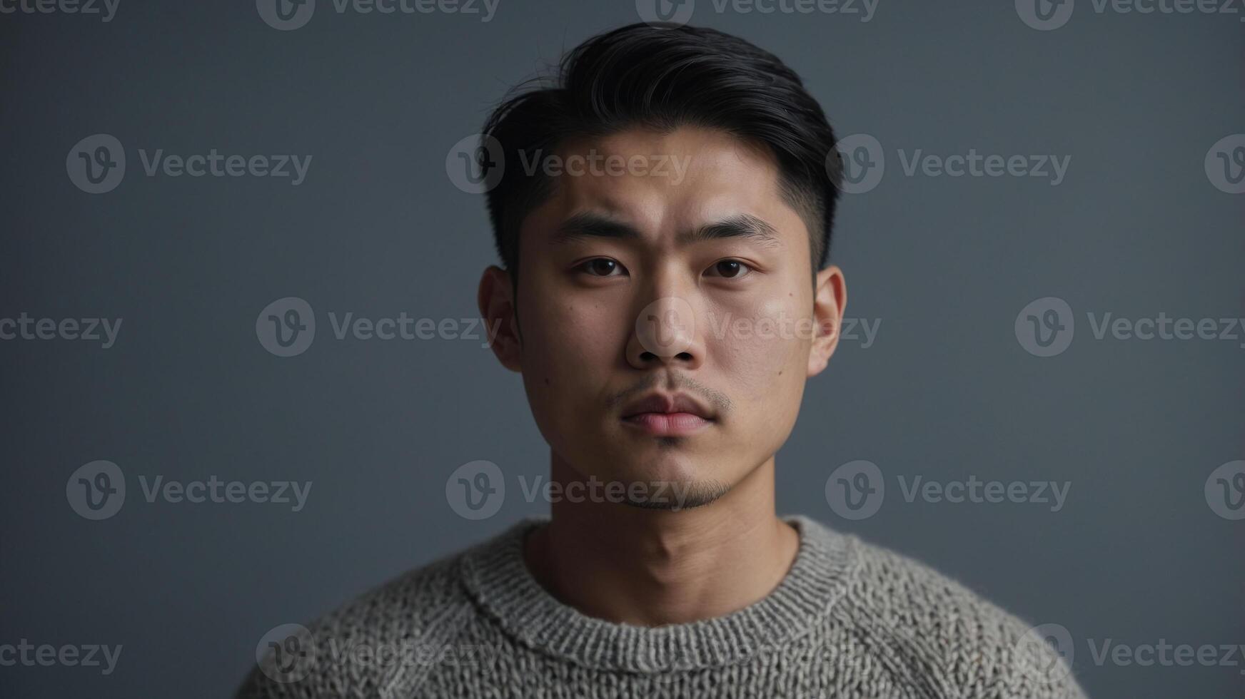 Handsome young Asian man in knitted sweater on grey background. photo