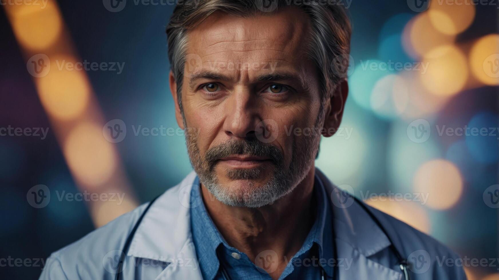 Handsome middle-aged doctor on color background. photo