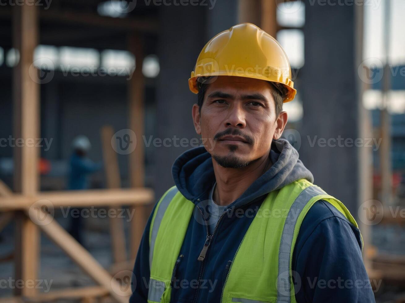 Hardworking Blue Collar Worker in Navy Jumpsuit and Charcoal Hoodie at Construction Site with Copy Space. photo