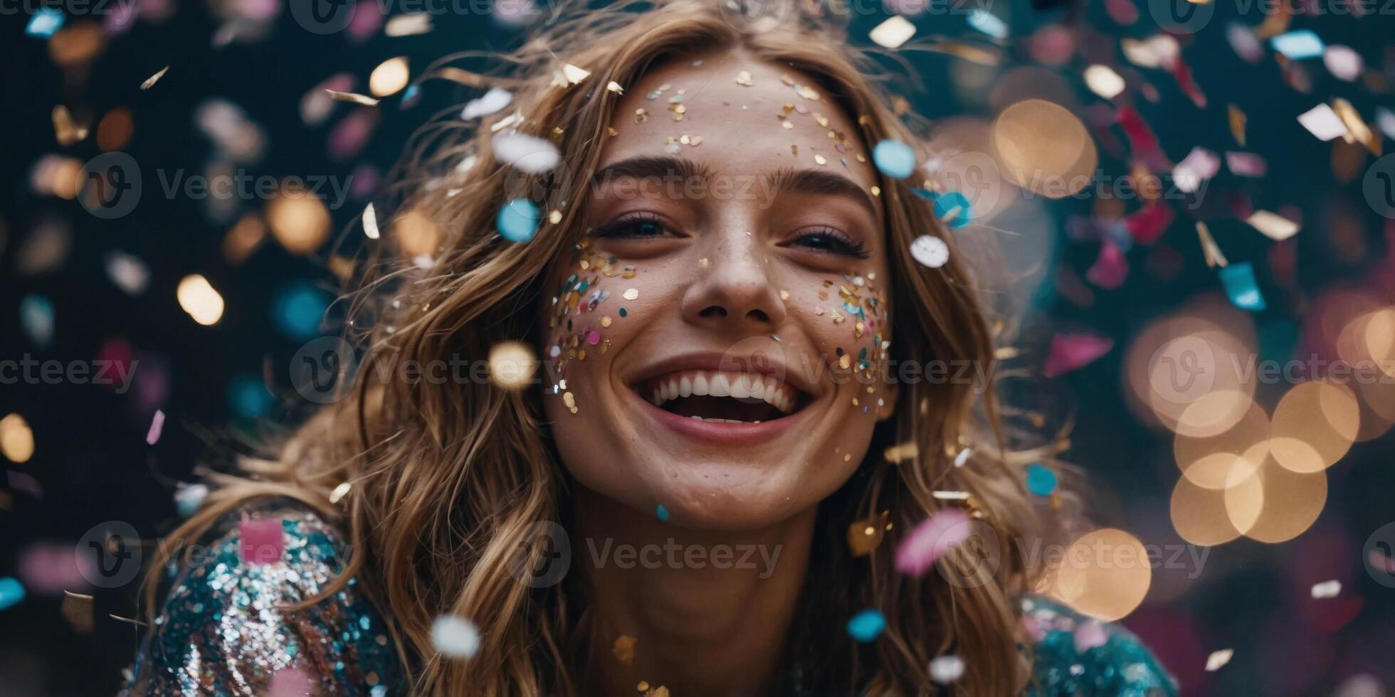 Happy young woman with glitter confetti on face looks ecstatic. photo