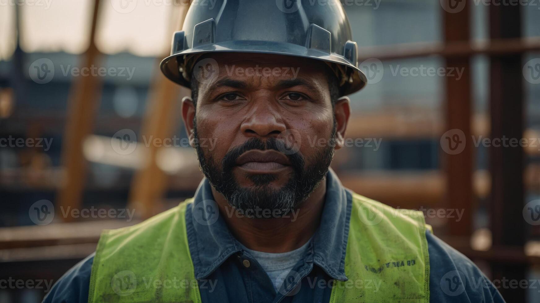 Hardworking Iron Worker Proudly Wearing Protective Gear on an Industrial Job Site. photo