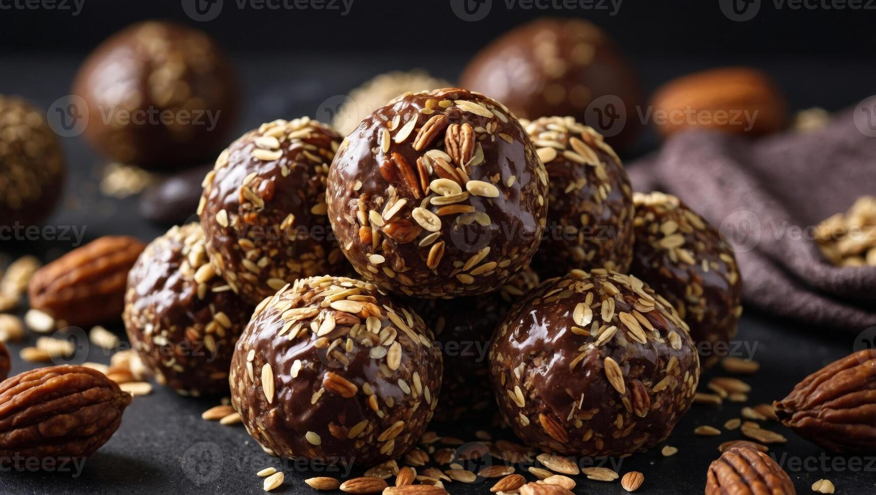 Healthy homemade paleo chocolate energy balls with rolled oats, nuts, dates and chia seeds, horizontal, copy space. photo