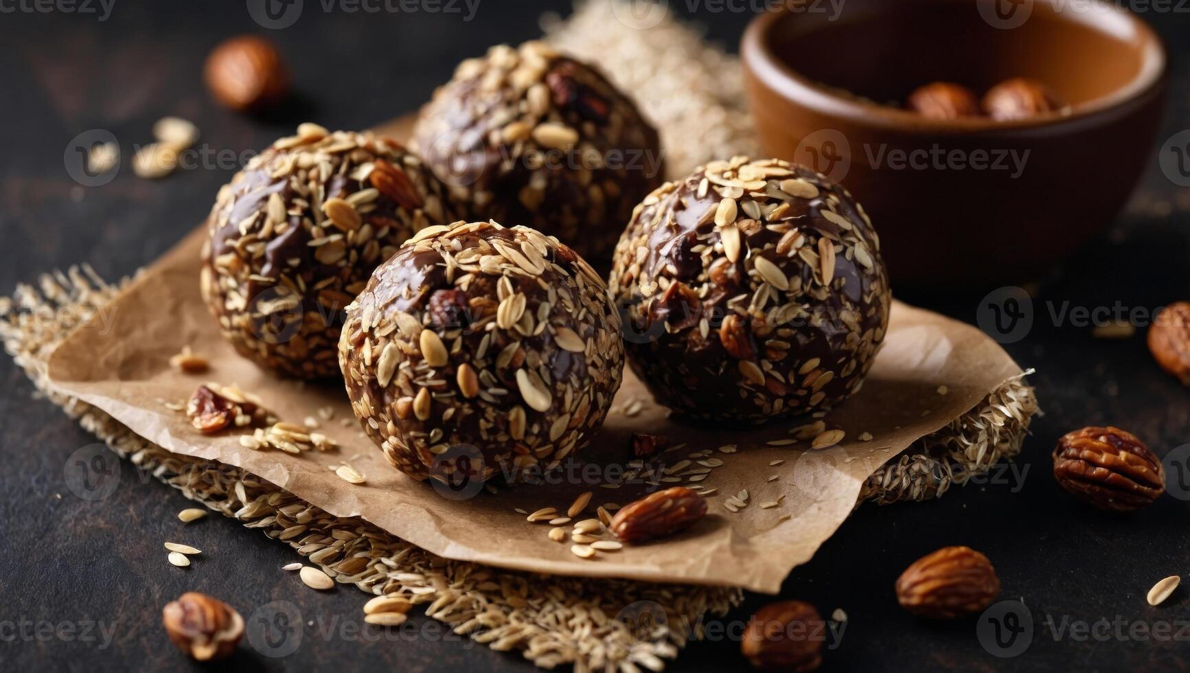 Healthy homemade paleo chocolate energy balls with rolled oats, nuts, dates and chia seeds, horizontal, copy space. photo