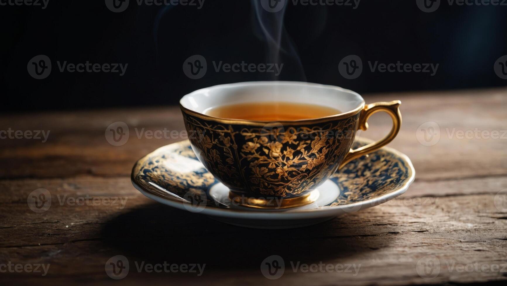 Hot teacup Placed on an old wooden table on a black background, the soft sunlight shone into a warm atmosphere. photo