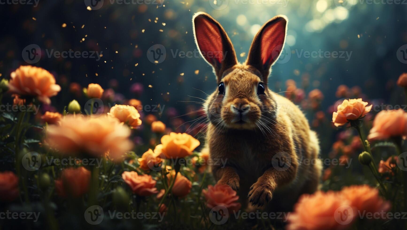 Hopping Happiness Rabbit Silhouette Leaps Through Double Exposed Blooms. photo