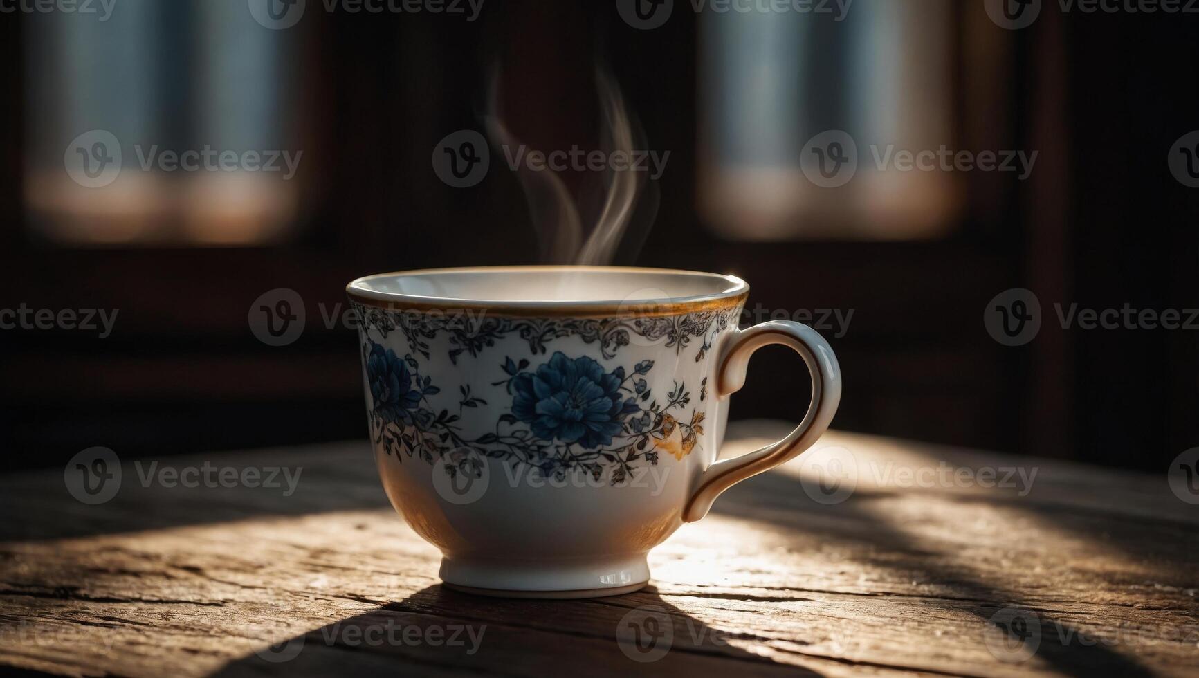 Hot teacup Placed on an old wooden table on a black background, the soft sunlight shone into a warm atmosphere. photo