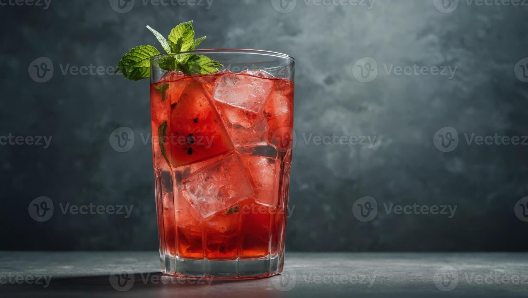 Iced fruit tea or cold watermelon drink in clear glass with mint leaf Refreshing summer drink Grey background, copy space. photo
