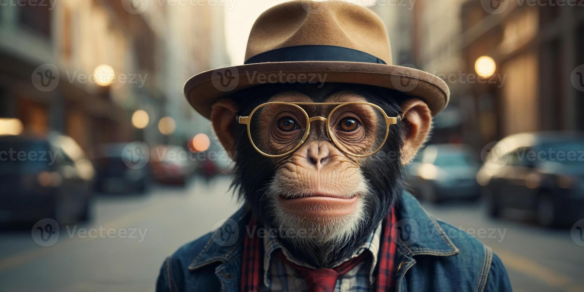 Illustration of a hipster monkey wearing eyeglasses, a hat and a shirt Elegant gentleman chimp with fashion clothes. photo