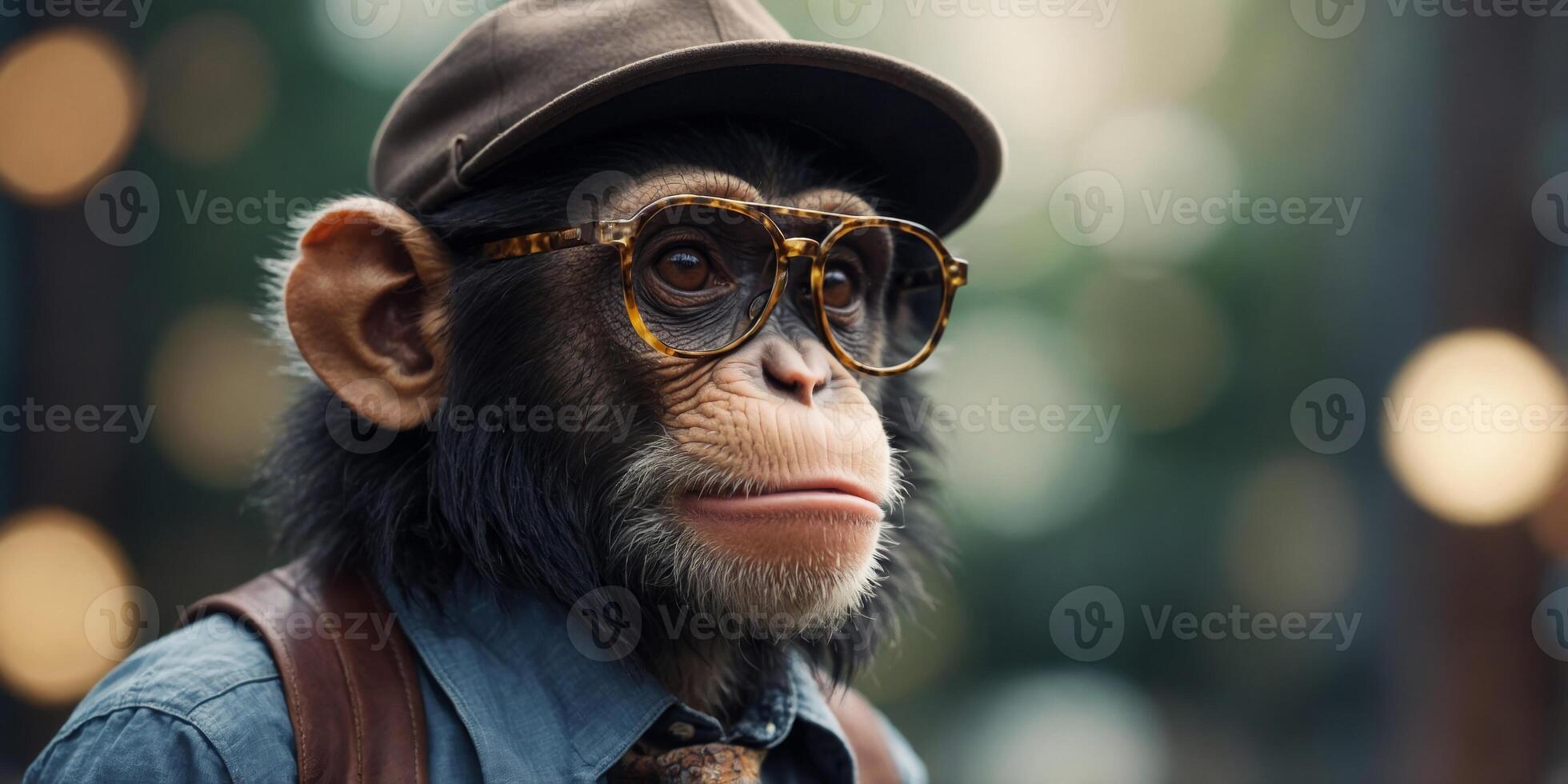 Illustration of a hipster monkey wearing eyeglasses, a hat and a shirt Elegant gentleman chimp with fashion clothes. photo