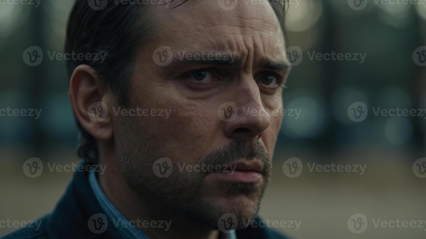 In a close-up, a man appears deeply saddened, with a single tear rolling down his cheek. photo