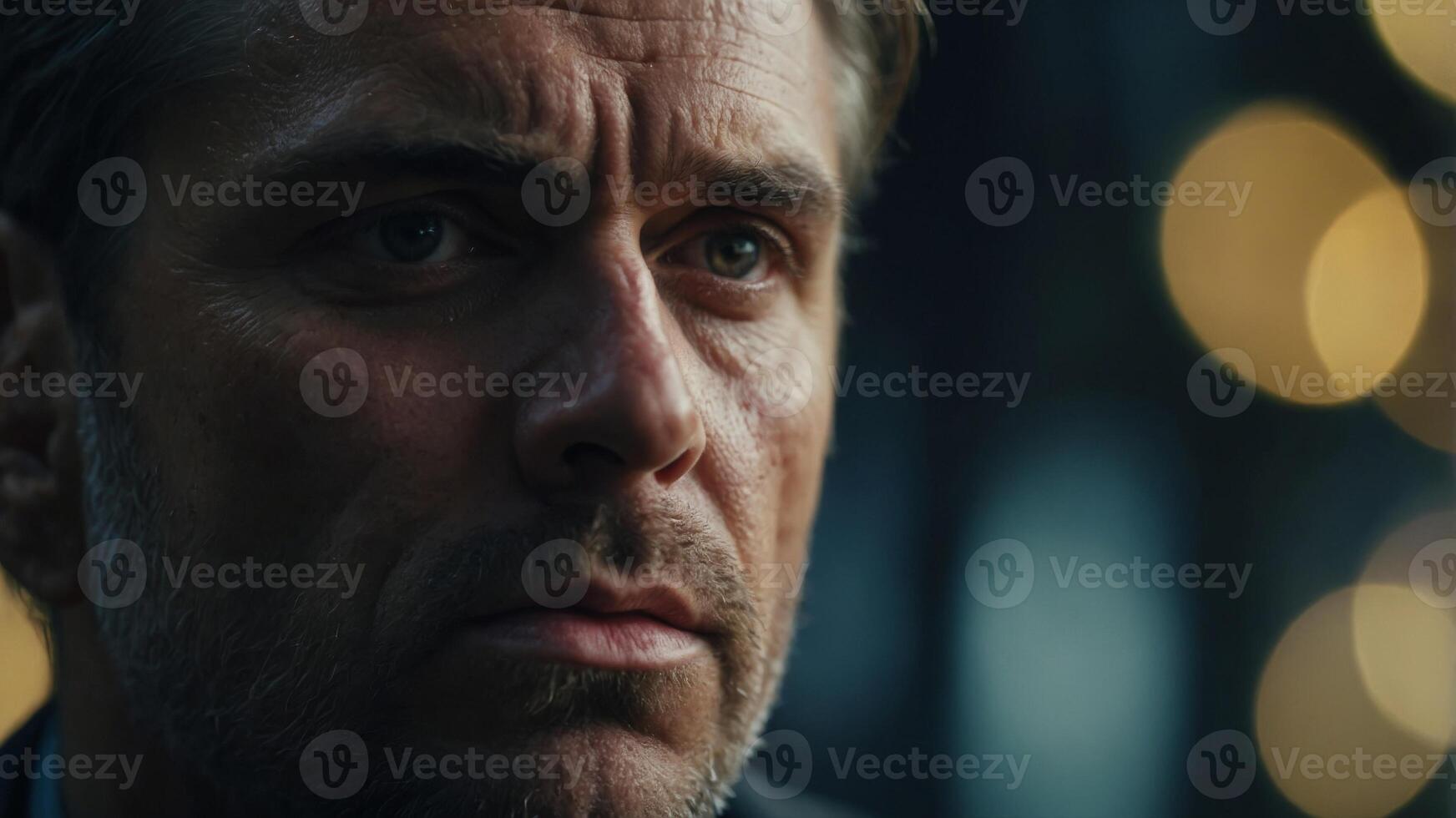 In a close-up, a man appears deeply saddened, with a single tear rolling down his cheek. photo