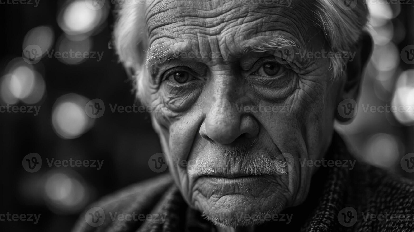 Intense Gaze of an Elderly Person in Black and White. photo