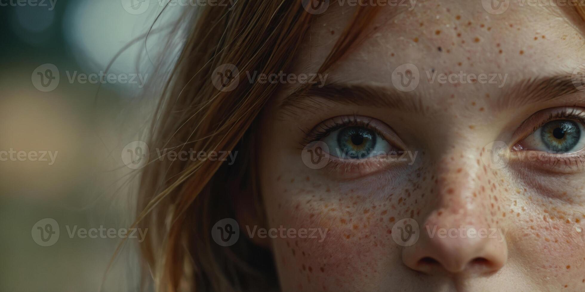 Intense Close-Up of a Young Girl's Eye with Freckles. photo