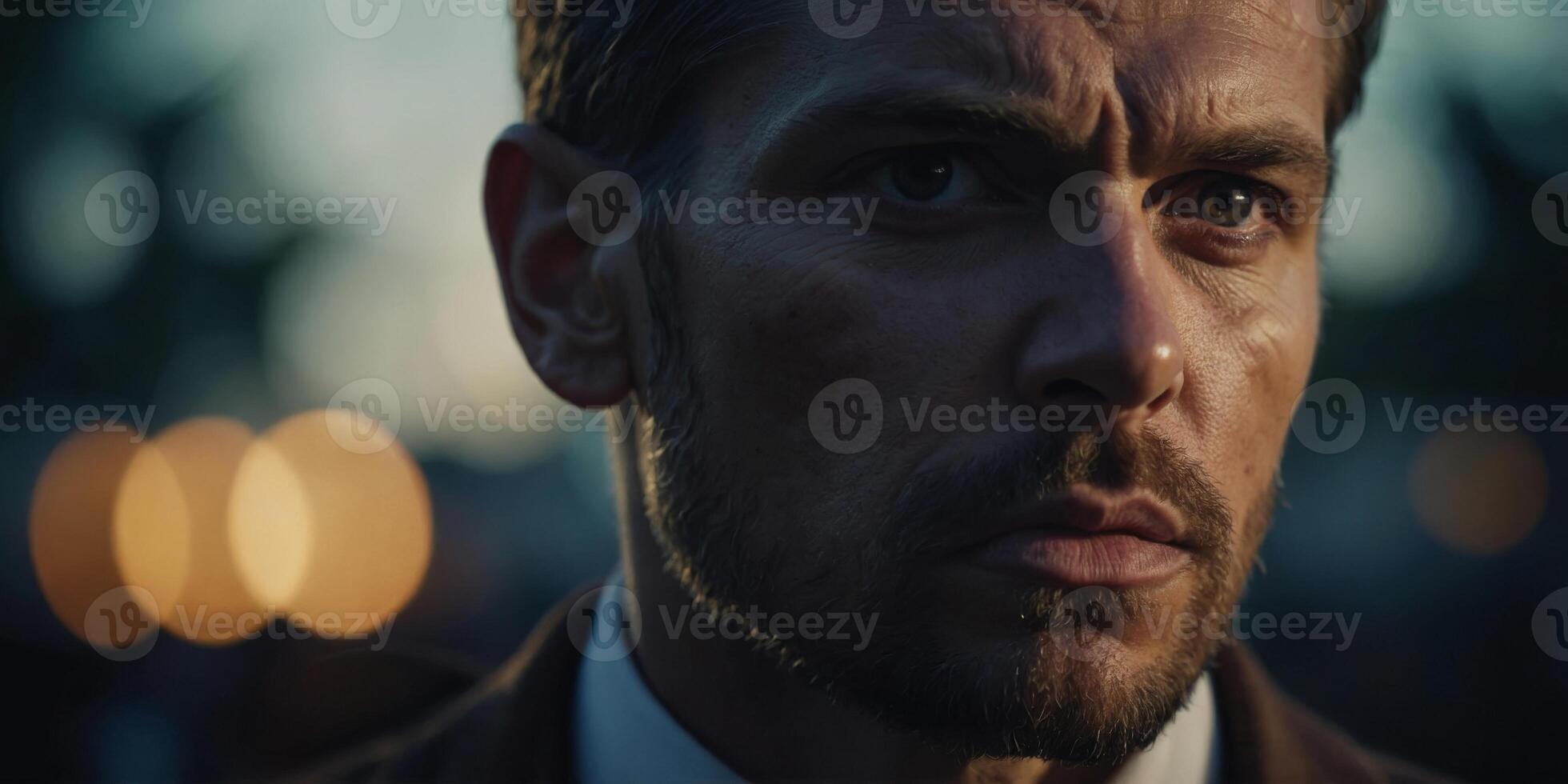Intense and Focused Gaze on a Human Face Showcasing Intense Emotion and Thoughtful Introspection. photo