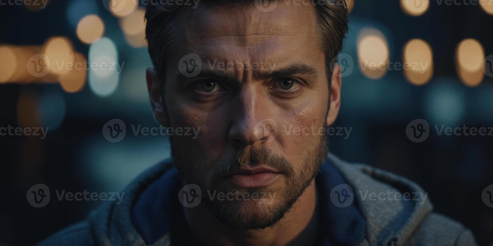 Intense and Focused Gaze on a Human Face Showcasing Intense Emotion and Thoughtful Introspection. photo