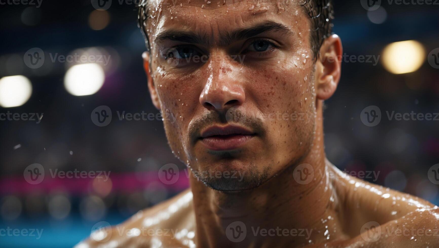 Intense close up player s sweat drenched face in a thrilling summer olympic games match. photo