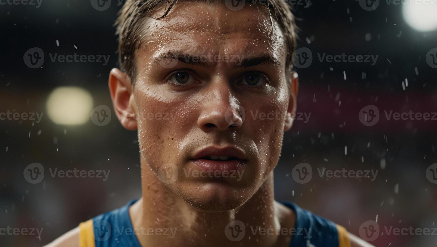 Intense close up player s sweat drenched face in competitive match at summer olympic games. photo