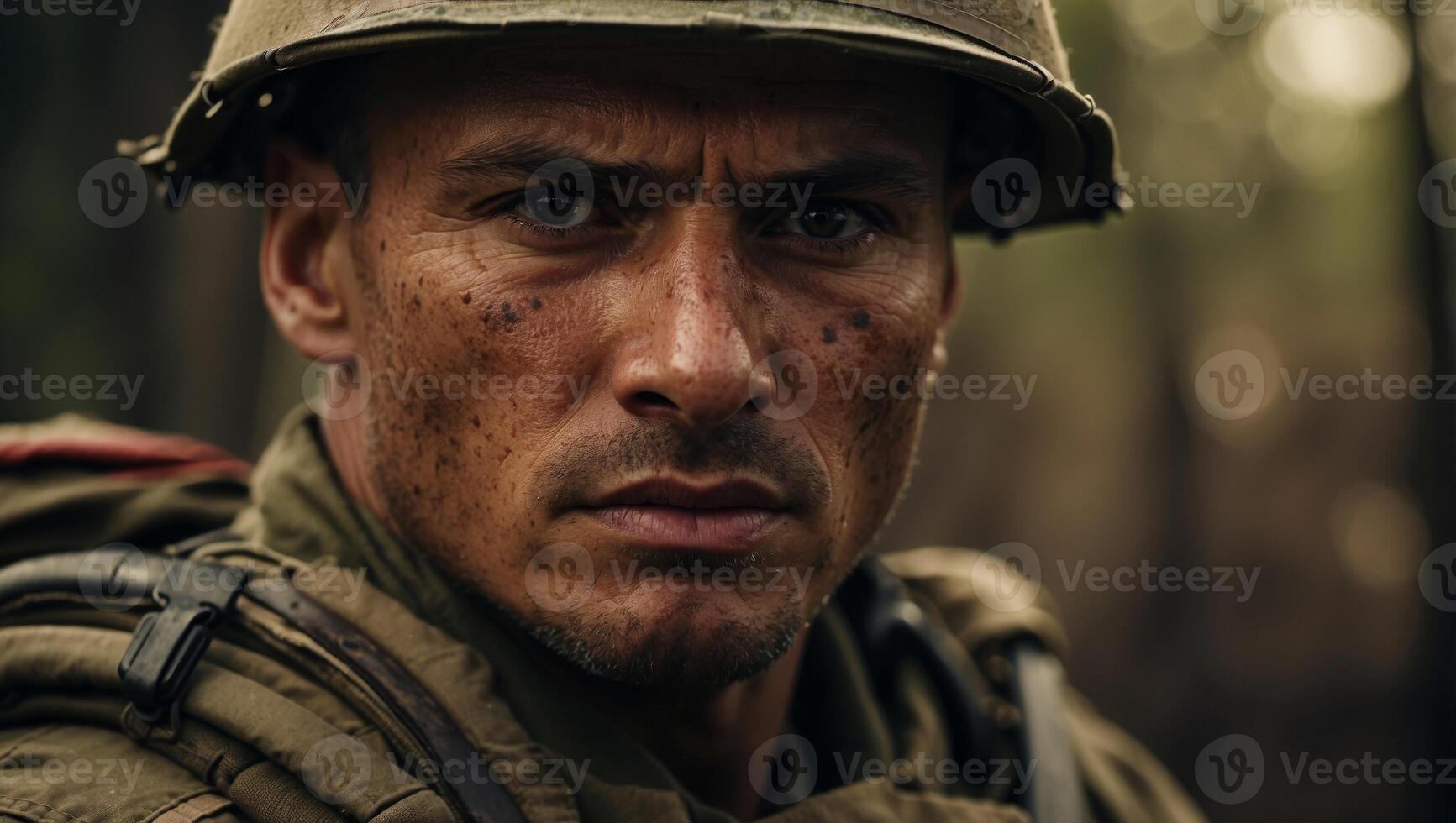 Intense close up fatigued soldier showing exhausted warrior s facial expression. photo
