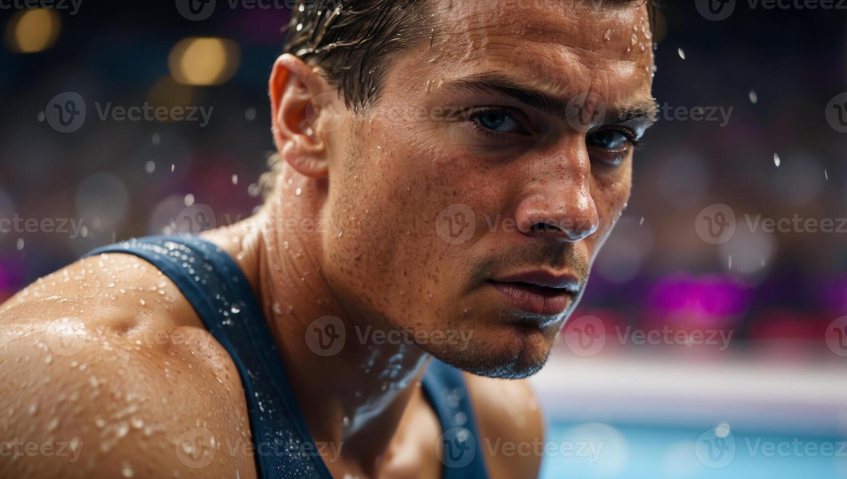Intense close up of athlete s sweat drenched face in competitive summer olympic game. photo