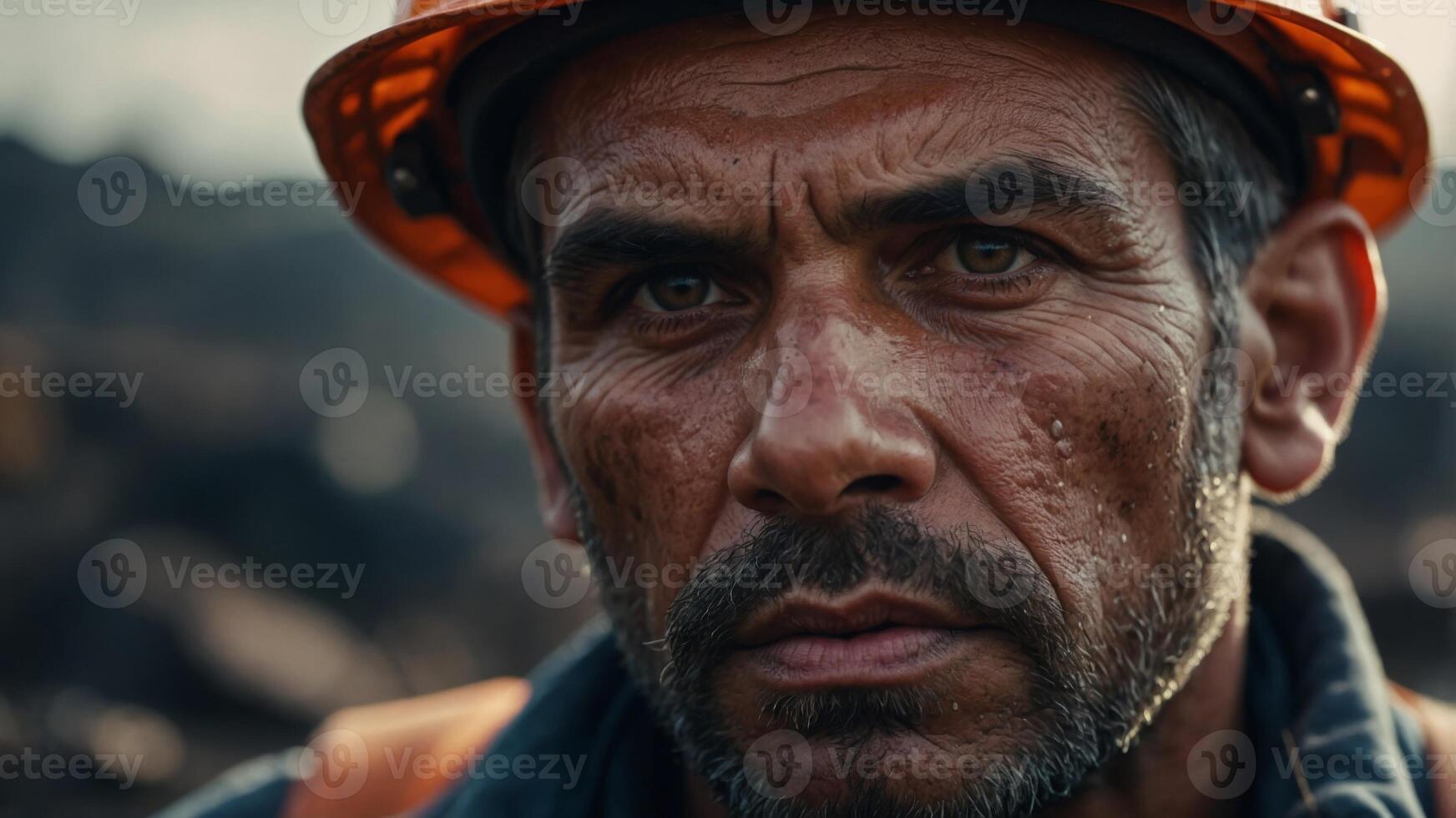 Intense close-up of a male miner with piercing eyes, reflecting a life of hard labor and determination. photo