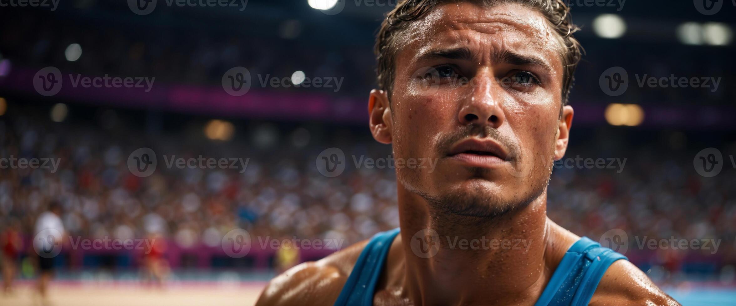 Intense emotions captured athlete s sweat drenched face in a summer olympic match. photo