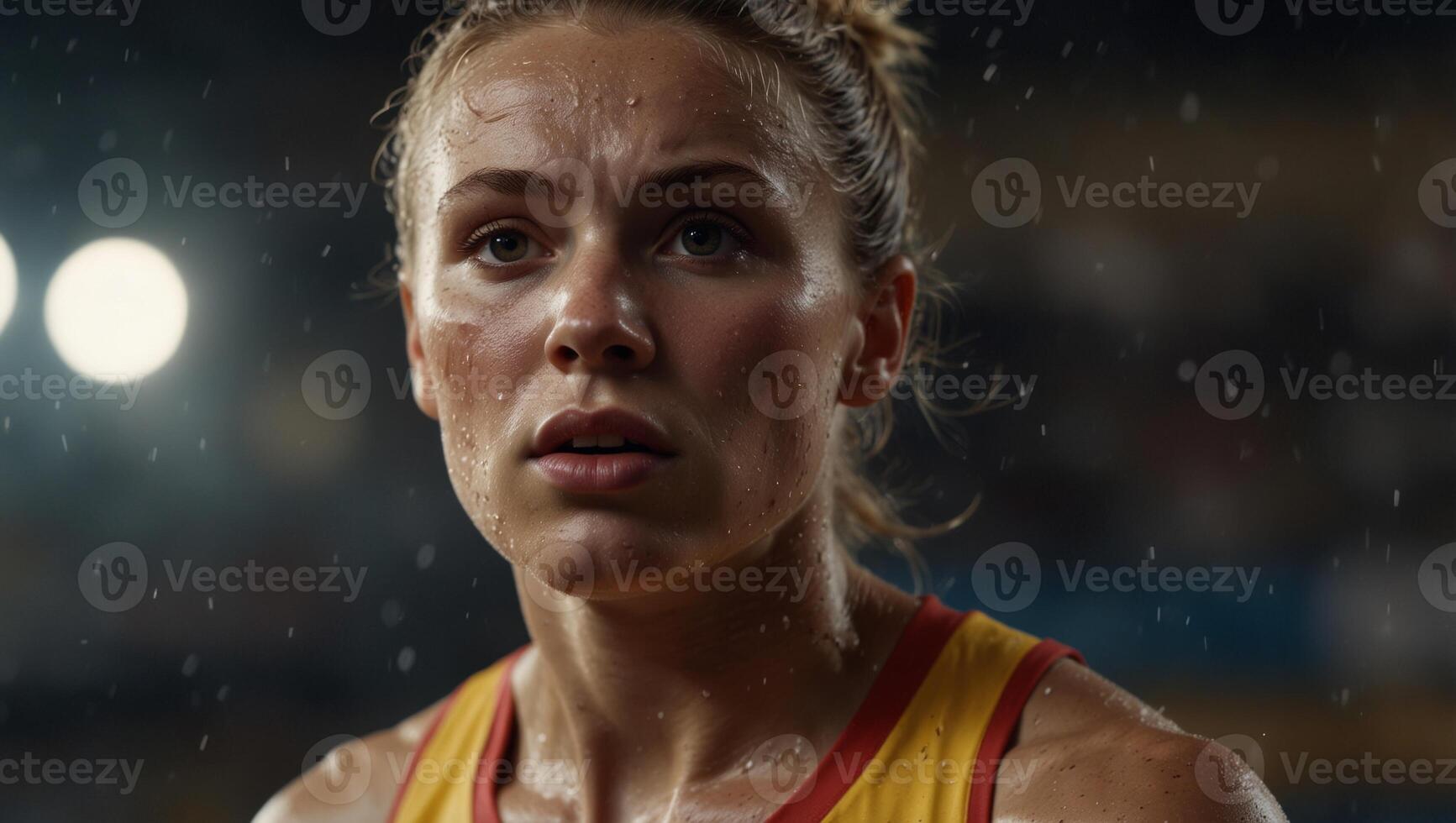 Intense emotions close up of athlete s sweat soaked face in competitive summer olympic games action. photo