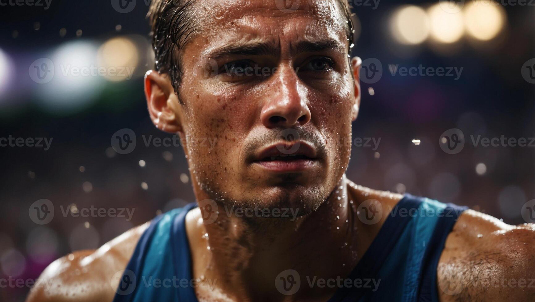 Intense emotion captured player s sweat drenched face in summer olympic games match. photo