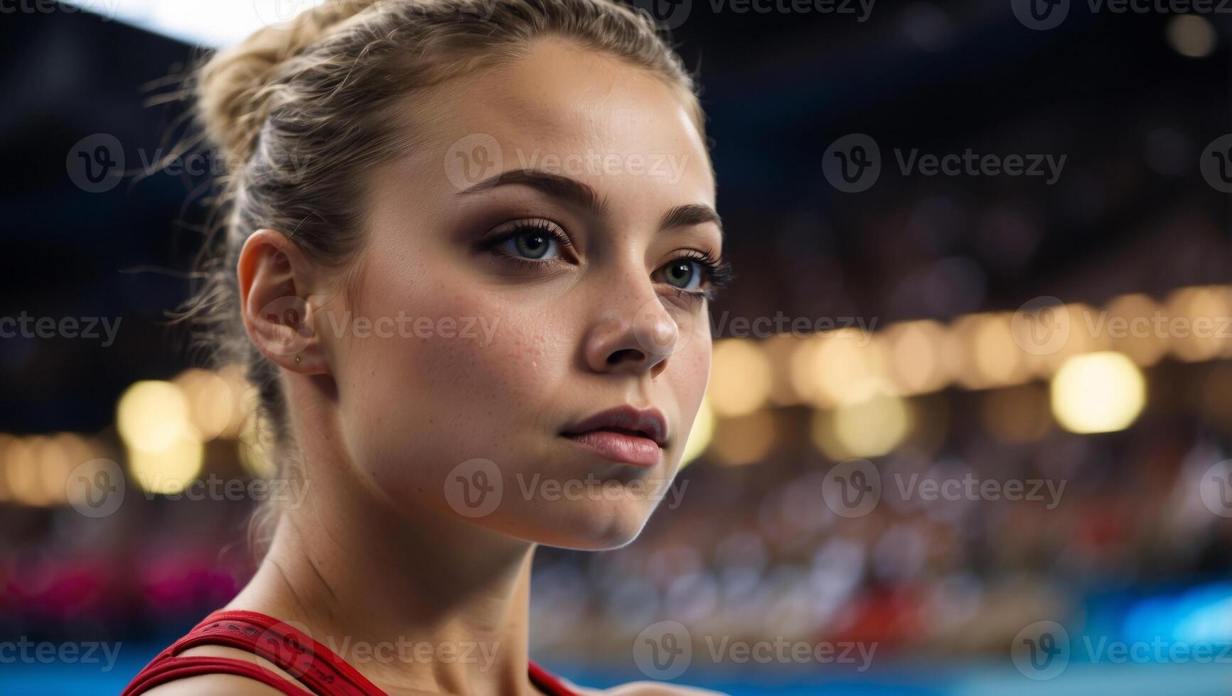 Intense focus gymnast s eyes pre vault at summer olympics, exuding determination. photo