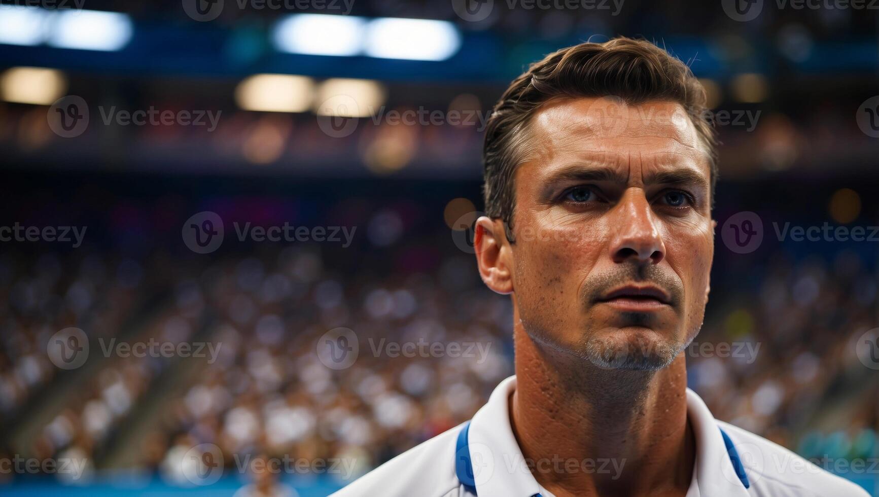Intense focus player s determined eyes during serve in summer olympic games sport. photo