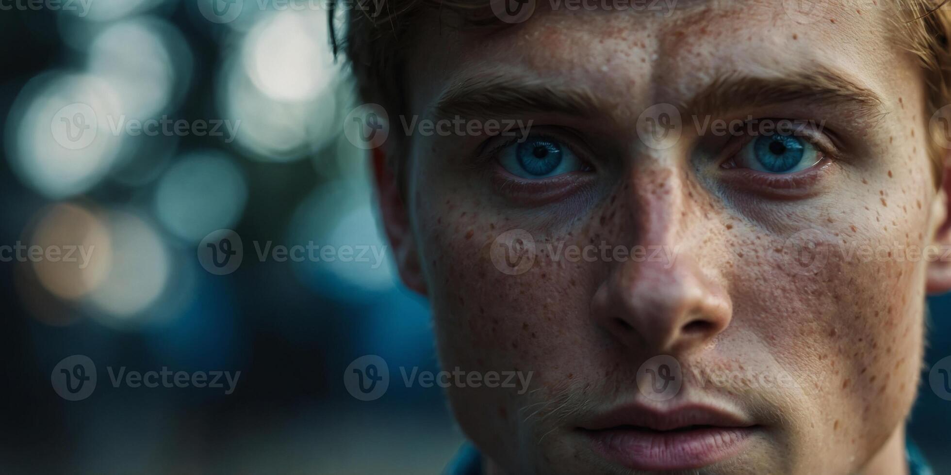 Intense gaze of a freckled young man with strikingly vivid blue eyes. photo
