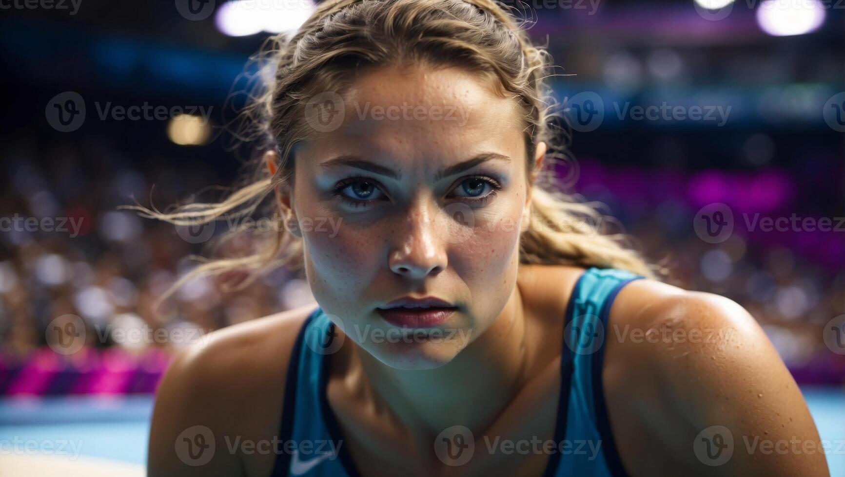 Intense focus player s determined eyes during serve at summer olympic games, sports concept. photo