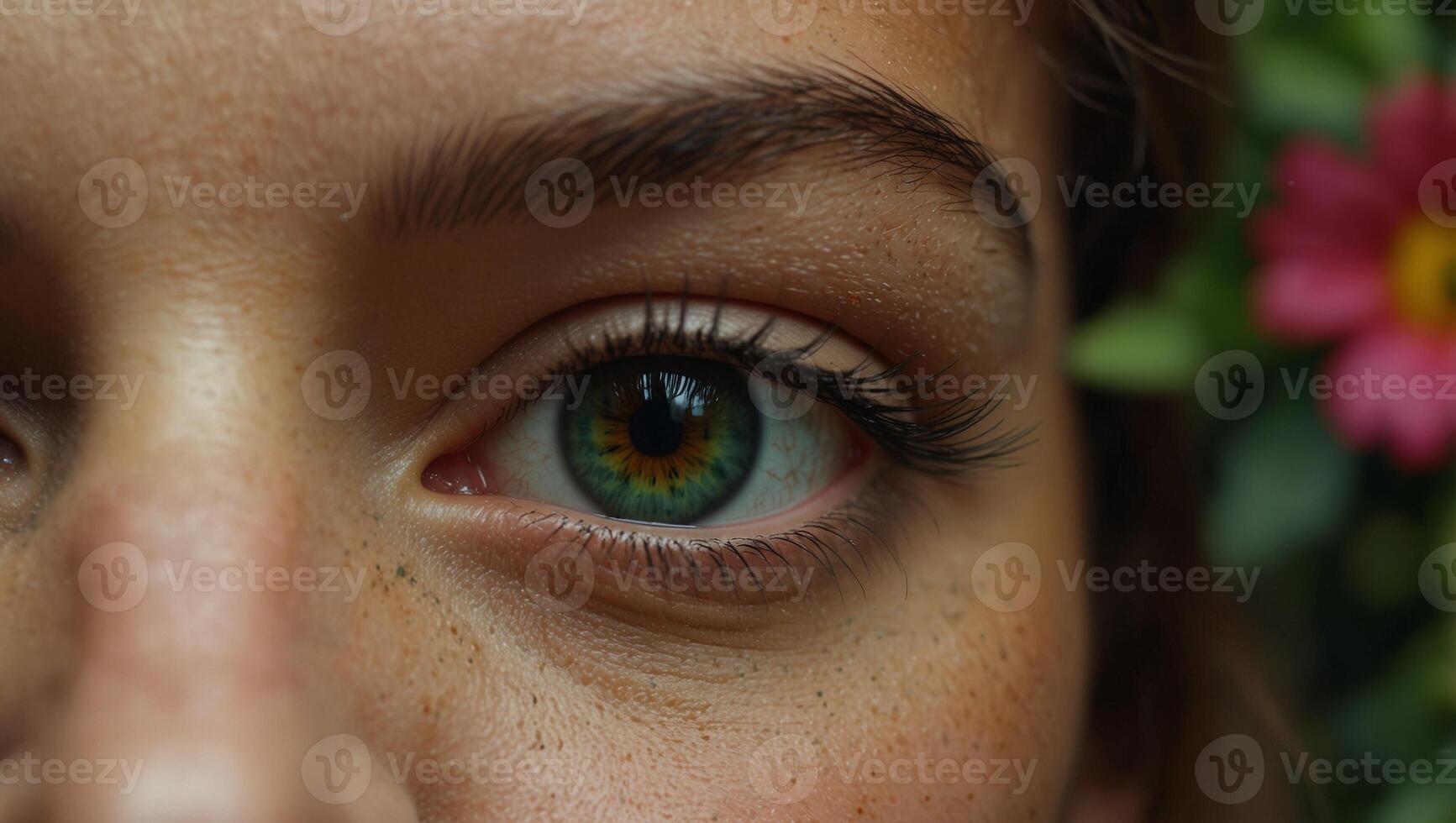 Intense gaze of a woman s eye through vibrant green foliage and colorful flowers, close up view. photo