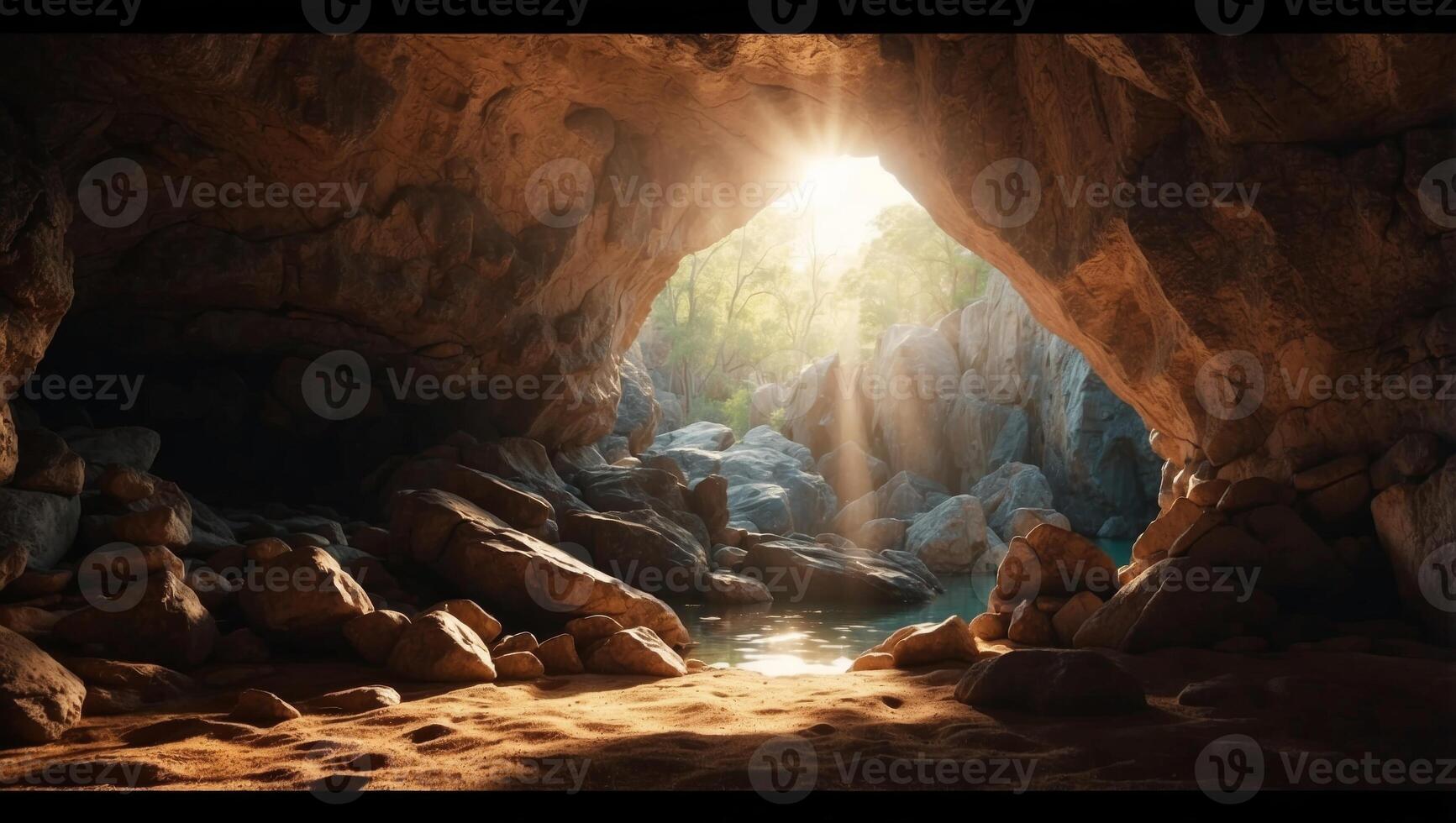Interior of a cave with sunlight coming through the hole in the rock. photo