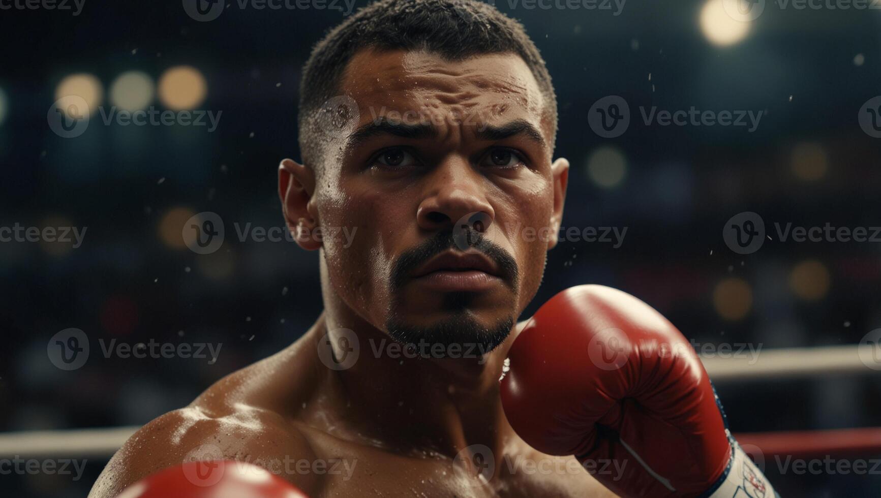 Intense gaze of boxer focused on target symbolizing determination in summer olympic sports. photo