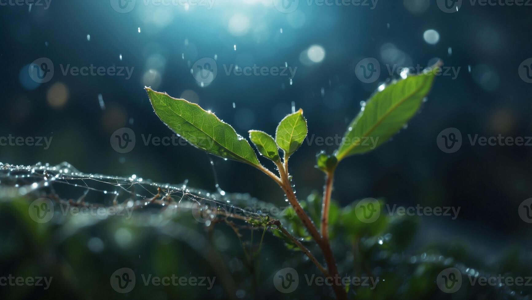 Life Emerging Vibrant Seedling Sprouting through DewCovered Web in Double Exposure Silhouette. photo