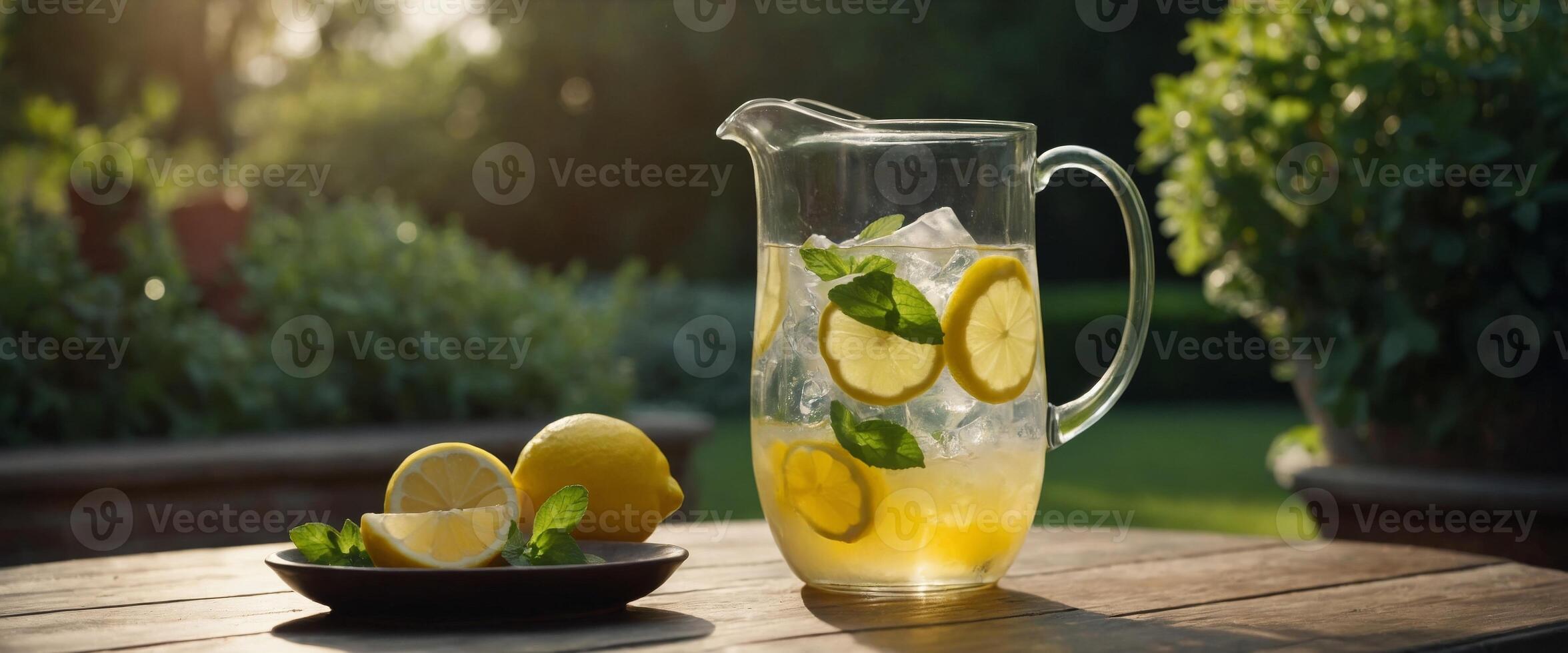 Lemonade pitcher with lemon, mint and ice on garden table View with copy space. photo