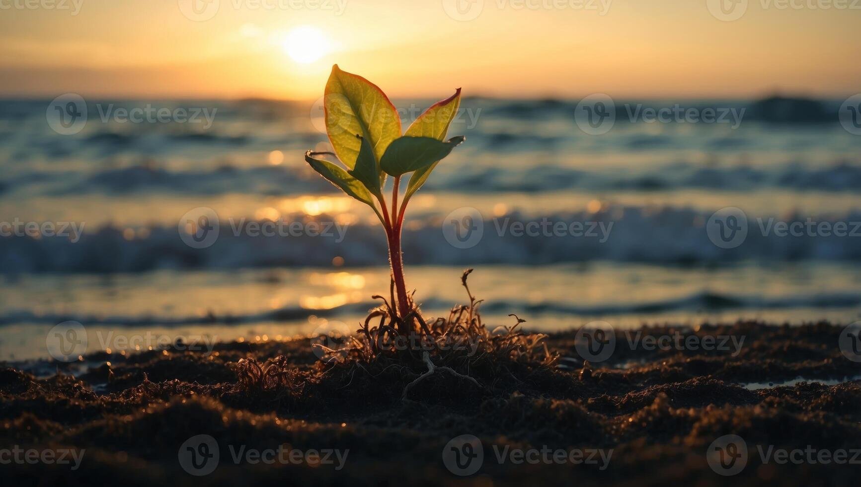 Lifes Emergence A Vibrant Seedling Sprouting from Soil in a Double Exposure Silhouette with Ocean Waves. photo