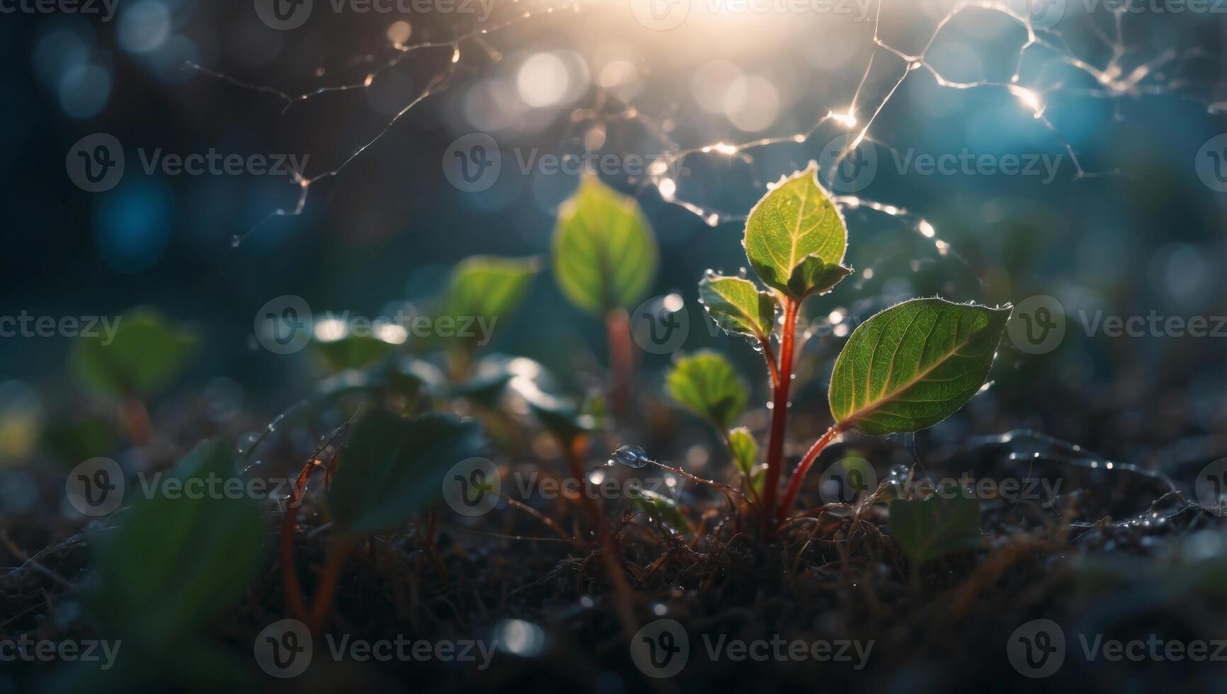 Life Emerging Vibrant Seedling Sprouting through DewCovered Web in Double Exposure Silhouette. photo