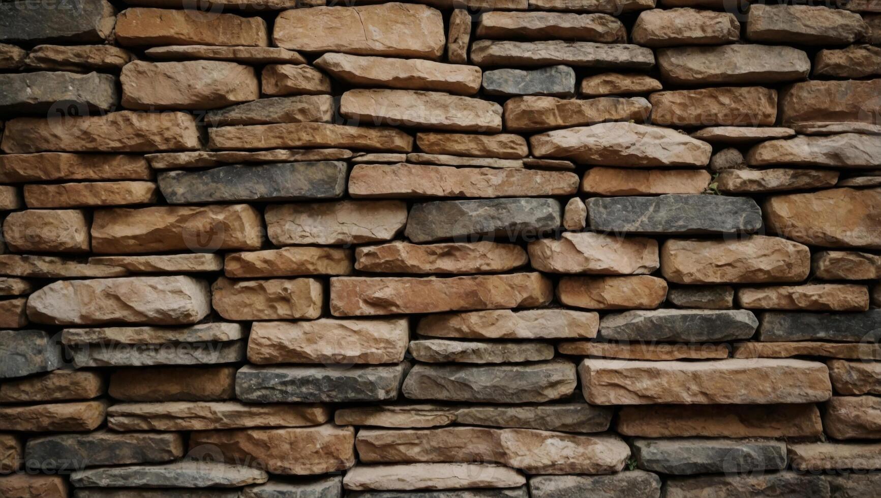 Light brown stone wall in panoramic close-up made of old, roughly hewn, different natural stones. photo