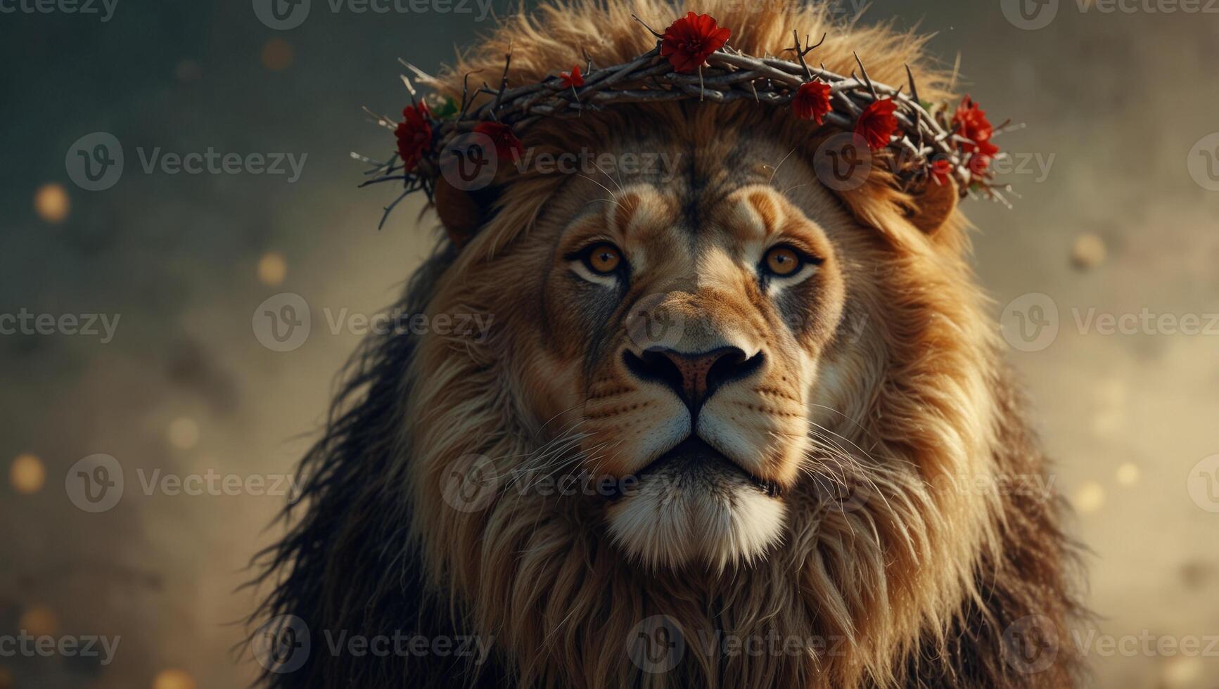 Lion head with crown of thorns Jesus, the Lion Illustration on light background. photo