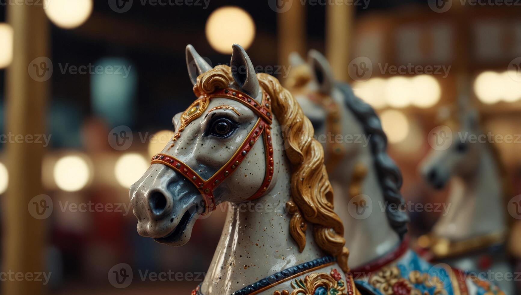 Merry go round horses carousel close up view with copy space. photo