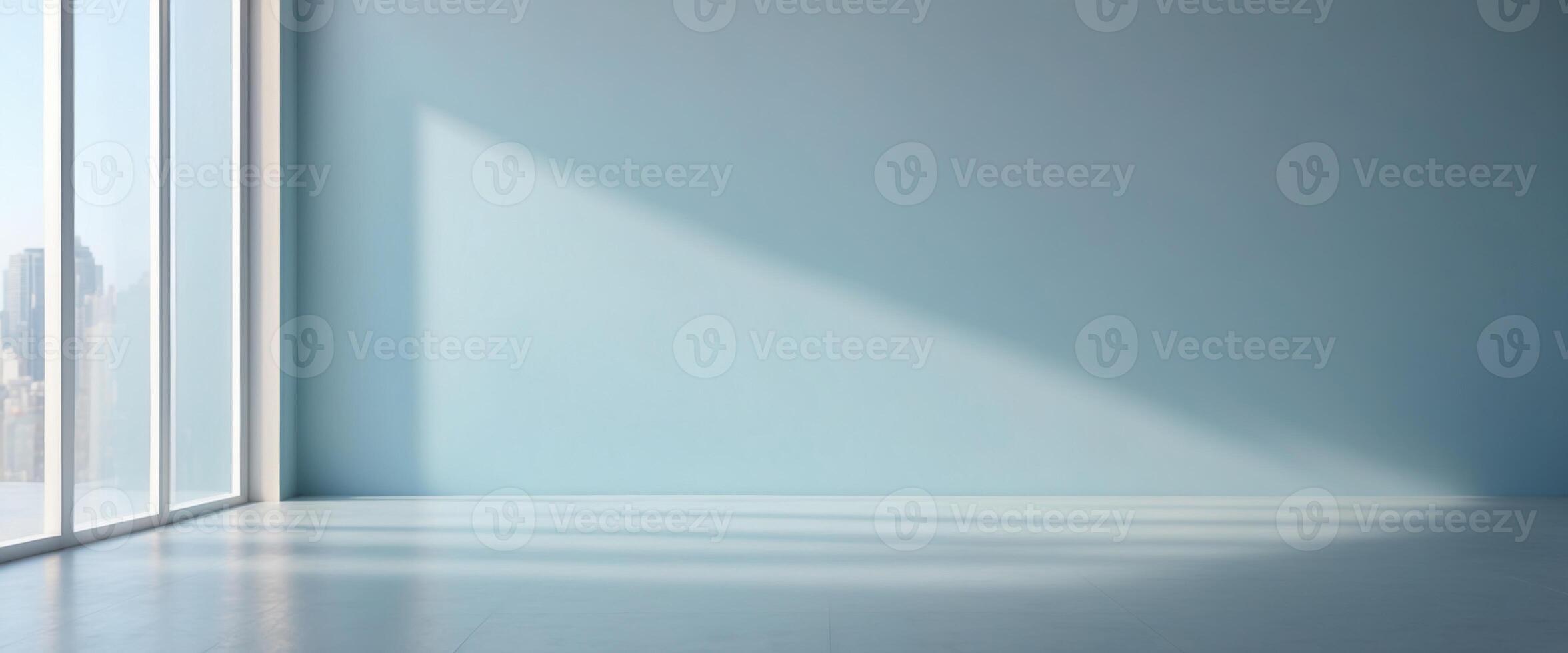 Minimalistic abstract gentle light blue background for product presentation with light and intricate shadow from window on wall. photo