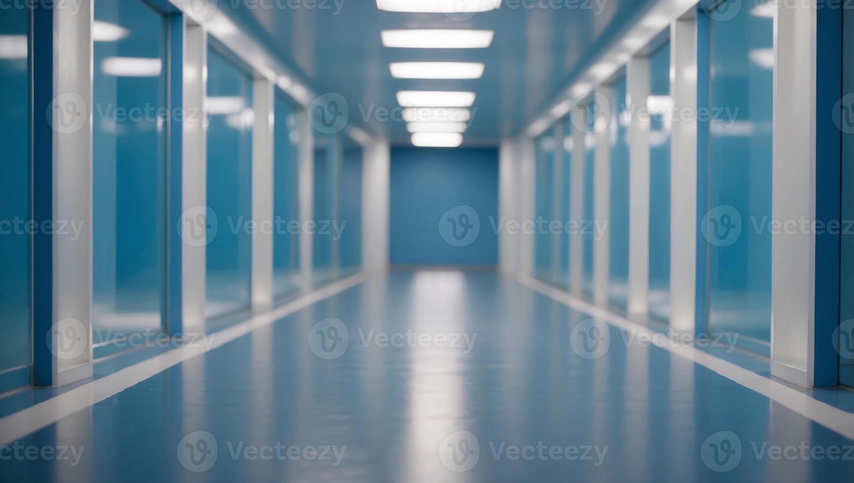 Modern corridor with blue walls and white floor Conceptual and abstract. photo