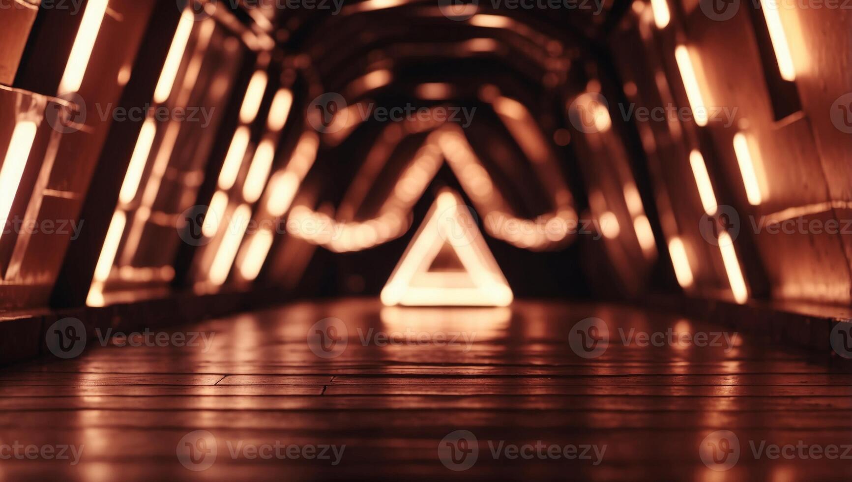 Neon light abstract background Triangle tunnel or corridor sepia colors neon glowing lights. photo