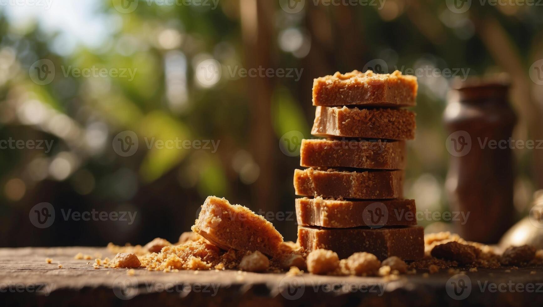Palm Sugar Delight A Rustic Stack of Unrefined Goodness Basking in Bright Daylight. photo
