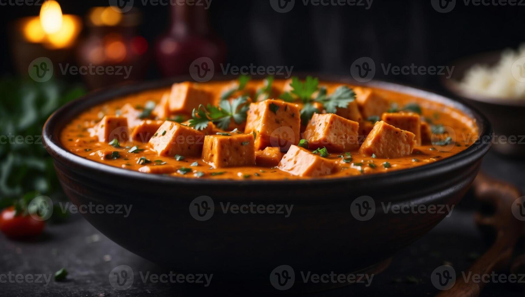 Paneer butter masala in a bowl on the dark table. photo