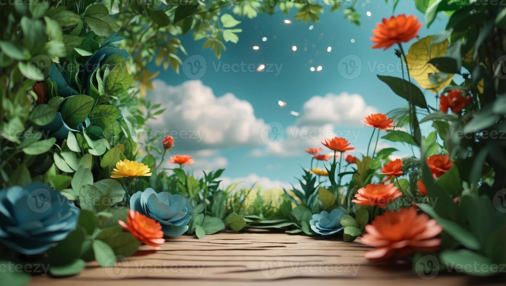 Paper art of summer garden with plants, sky and clouds and space for copy. photo